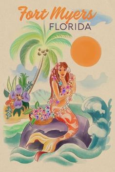 a woman sitting on top of a dolphin in front of a palm tree and ocean