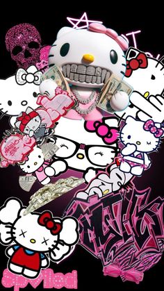 an image of hello kitty wallpapers with skulls and other characters in the background