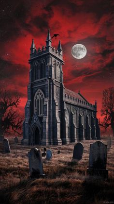 an old gothic church with graveyards in the foreground under a blood red sky