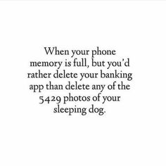 a quote that reads, when your phone memory is full, but you'd rather delete your banking app than delete any of the 54 photos of your sleeping dog