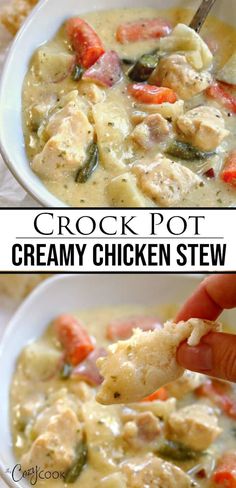 crock pot creamy chicken stew in a white bowl