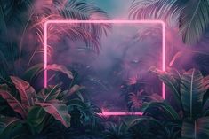 a pink neon frame surrounded by tropical plants