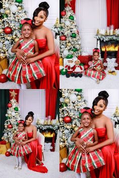 two women in red dresses are hugging each other near a christmas tree and decorated with presents