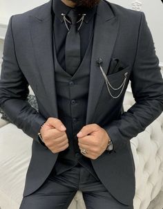 Black Three-piece Suit For Groom With Notch Lapel, Black Three-piece Suit With Notch Lapel For Groom, Black Three-piece Suit With Notch Lapel For Wedding, Black Single Breasted Blazer For Wedding, Black Single-breasted Blazer For Wedding, Black Three-piece Suit With Collar For Groom, Black Three-piece Suit For Groom, Black Single Button Wedding Blazer, Groom's Black Single Breasted Tuxedo