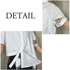 ◆404 FRONT ASYM DESIGN SHIRT ○素材○ 布帛は綿ローンの薄手素材。 【生地の厚み】普通地 【伸縮】なし 【透け感】白のみ若干透けます。 ◇◇◇ アシンメトリーなデザインが目を引く、ショートシャツブラウス。 フロントの右身頃の前立てがカーブしており、裾部分はふらしとなっています。 左右の着丈も異なっております。 そして袖口は開いているデザインとなっております。 ※左袖のみ 着丈が若干短めとなっていますので、ボトムインすることなくそのまま着用いただけます。 ワイドパンツやスカートとの相性が抜群なトップスとなっています。 ◆後身頃の裾は斜めのカットのデザインとなっています。 ●モード感漂う、デザインシャツ● ・アシンメトリーなデザイン。 ・トレンドのショート丈アイテム◎ SIZE:フリー ※表記は半身サイズになります。(平置きにて検寸) 身幅60cm 着丈53cm 裄丈46cm 裾幅53cm 袖口幅19cm 衿幅5.5cm ◆着用モデル162cm ■生産地：中国 ■素材：綿 100％ ◇◆仕様◆◇ ・フロントアシンメトリーデザイン。 ・左袖口カット。 Asymmetrical Summer Workwear Shirt, Summer Workwear Shirt With Asymmetrical Hem, Modern White Blouse With Shirttail Hem, Modern Shirt For Spring Layering, Modern Spring Shirt For Layering, White Asymmetrical Cotton Top, Asymmetrical Cotton Shirt, Cotton Tops With Asymmetrical Hem For Work, Asymmetrical Cotton Top For Daywear