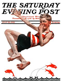 an advertisement for the saturday evening post featuring a young boy diving in red and white