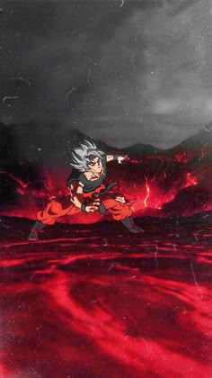 an anime character flying through the air with red and black clouds in the back ground