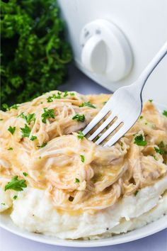 A plate full of mashed potatoes covered in chicken gravy. Crockpot Chicken And Mashed Potatoes, Glazed Chicken Breast