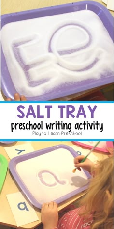 salt tray preschool writing activity for kids to practice letter formation and spelling with foam letters