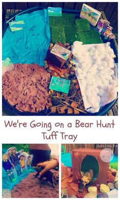 there is a bear hunt with lots of items in the bin and on the ground