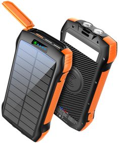 an orange and black solar powered cell phone next to each other on a white background