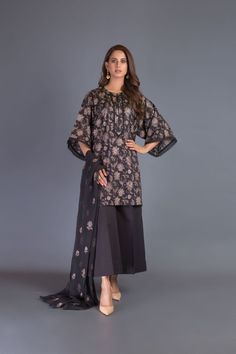 Bareeze Night Canvas Mc691 Black Collection 2021 Black Cotton Lawn Suit For Work, Black Long Sleeve Lawn Suit For Work, Fitted Black Spring Kurta, Elegant Black Cotton Lawn Suit, Black Embroidered Workwear Sets, Fitted Black Lawn Suit, Black Fitted Long Sleeve Lawn Suit, Black Sets For Work Wear And Eid, Summer/fall Outfits