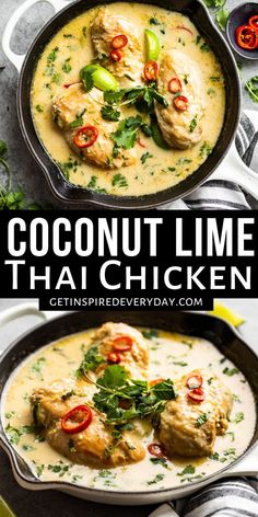 thai coconut lime chicken in a skillet with sauce and garnish on the side