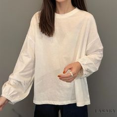 Lasaky - Loose Fit Pullover with Lantern Sleeves: Long-Sleeved Solid Color Basic Shirt Windbreaker Fashion, Trench Coats Women Long, Basic Long Sleeve Tee, Women's Windbreaker, Long Overcoat, Loose Pullover, Basic Long Sleeve, Basic Shirts, Trench Coats Women