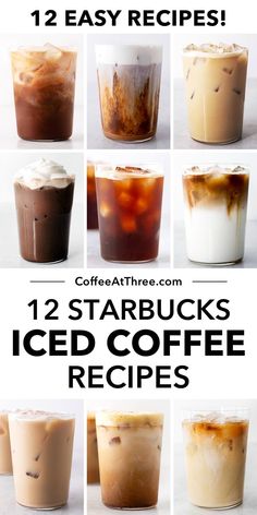 iced coffee drinks with different flavors and toppings