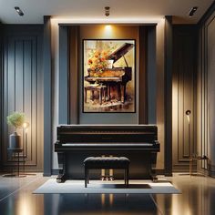 a grand piano in front of a painting on the wall