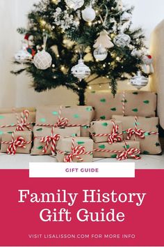 presents under a christmas tree with the words family history gift guide