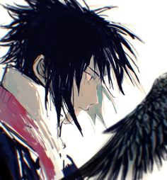 an anime character with black hair and wings