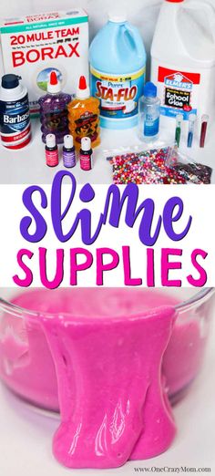 slime supplies are shown in this collage with the words slime supplies above them