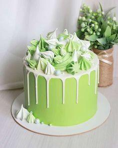 a green cake with white icing and flowers on the top is next to a potted plant