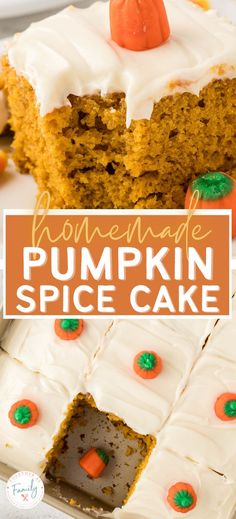 homemade pumpkin spice cake with white frosting and candy on the top is cut in half