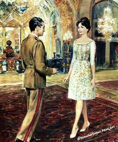 a painting of a man and woman standing in front of a chandelier, talking to each other