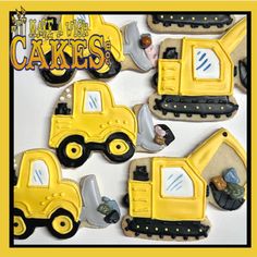 decorated cookies in the shape of construction vehicles