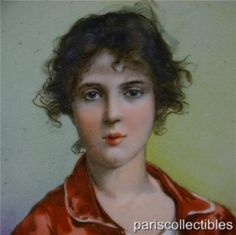 a painting of a woman with curly hair and blue eyes wearing a red shirt, posing for the camera