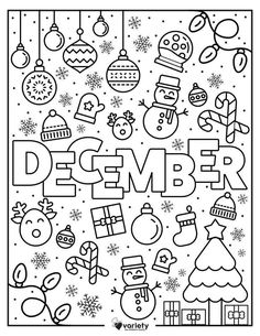 christmas coloring pages for adults and children with the word december in black and white, surrounded by snowflakes