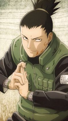 an anime character with black hair and green jacket holding his hand up to his chest