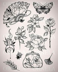 flowers and butterflies are drawn in black ink on a white background with the words, origa