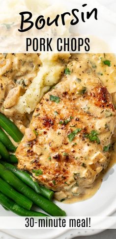 pork chops with mashed potatoes and green beans on a white plate