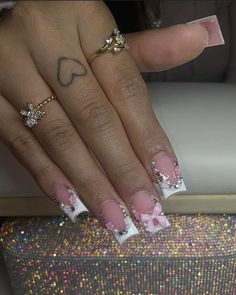 Short Nails With Rhinestones Bling, Short French Nails With Rhinestones, Short Charm Nails, Short Nails With Rhinestones, Short Nails With Charms, French Tip With Gems, Pink Bling Nails, Nails With Rhinestones