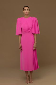 Short sleeves pleated bodice midi dress - HerTrove Isabel Sanchis, Dress Name, Bridal Consultant, Pleated Bodice, Pink Midi Dress, Midi Length Dress, Scarf Styles, Couture Fashion, Midi Length