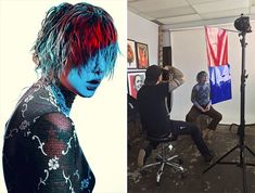 two photos, one with blue hair and the other with red dyed hair sitting in front of a camera