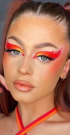 Eye Makeup Painting, Eye Makeup Creative Art, Flame Inspired Makeup, Red Fire Makeup, Creative Red Makeup Looks, Makeup Painting Art, Fire Make Up Look, Flames Face Paint