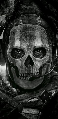 a black and white photo of a skull with headphones on it's face