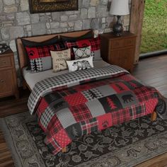 a bed in a room with a stone wall and wooden furniture on the floor next to a window