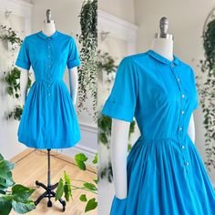 ♡ PLEASE ENLARGE PHOTOS FOR MORE DETAIL ♡ D E T A I L S * early 1960s shirtwaist dress * fit + flare shape * feels like a cotton-polyester blend * vibrant blue * peter pan collar * short sleeves with adjustable cuffs * fitted waist * pleated full skirt * button closures * unlined * label: Country Miss M E A S U R E M E N T S fits like a: medium shoulders: 16" bust: 40" waist: 28" hips: free length: 39" (plus 2.5" in hem allowance) bodice length: 16" sleeve length: 9" (cuffed, as shown in photos), 11.5" (uncuffed) skirt sweep: 84" C O N D I T I O N Excellent vintage condition. No issues to note! Freshly cleaned and ready to wear! ➳ Please read store policies prior to purchase. Thank you!! xoxo, Allyson ♥ Visit the shop! http://www.birthdaylifevintage.etsy.com ♥ Follow on Instagram! @birthda 1950s Vintage Dress With Buttons For Daywear, Blue 1950s Style Cotton Vintage Dress, 1950s Vintage Dress With Button Closure, Vintage Blue Button-up Dress, 1950s Shirtwaist Dress, Blue Peter, Shirtwaist Dress, Dress Medium, Short Sleeve Button Up