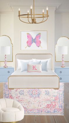 a white bed sitting under a chandelier next to a chair and table in a room