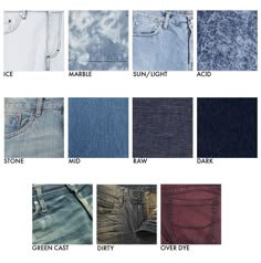 the different types of jeans are shown in this image, including blue and white denims