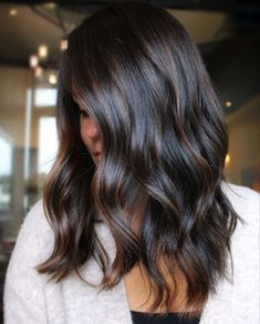 Dark Brown and Toffee Balayage Hair Shoulder Length Balayage Brunette, Toffee Highlights On Dark Hair, Black Hair With Dimension, Toffee Balayage, Lighter Brown Hair Color, Adult Hairstyles, Dark Brown Hair Rich, Lighter Brown Hair, Dark Brown Hair Color Ideas