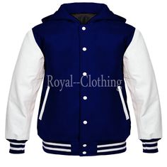 Blue Varsity Jacket For Baseball Season, Blue Varsity Jacket With Baseball Collar For Baseball Season, White Long Sleeve Varsity Jacket For Baseball Season, White College Style Outerwear For Baseball Season, White Varsity Outerwear For Baseball Season, White Hooded Varsity Jacket With Ribbed Cuffs, White Baseball Collar Outerwear For Sports Season, White Hooded Varsity Jacket For Sports, White Hooded Varsity Jacket For Fall