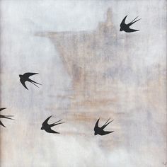 four birds flying in the sky on a gray and white background with black outlines