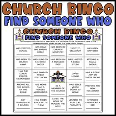 a church bingo game with the words find someone who