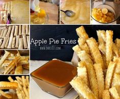 apple pie fries with caramel sauce and apples in the background