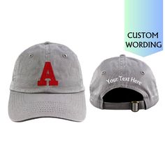 Youth Hats Embroidered Monogram Letter, Adjustable Custom Baseball Caps for Sports Teams Bulk, Summer Golf Cap for Youth, Fishing Sun Hat Personalized, Unisex Youth Size Cap w/ Buckle Closure - CUSTOM MONOGRAM: Input 1-2 letters of the English alphabet and choose a thread color for each. - Default Thread Color for Letters: Red - CUSTOM TEXT: Available for the back of cap, above strap opening (16-18 maximum character count). Will be embroidered according to what dimensions we believe look best on Camping Hat, Hat Personalized, Embroidered Apparel, Summer Golf, Gray Cap, Hat Types, Cap Designs, Embroidered Monogram, English Alphabet