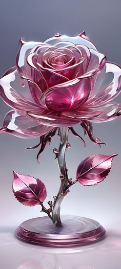 a pink rose is sitting on top of a glass base with water droplets around it