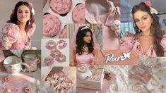 a collage of photos with pink and white items