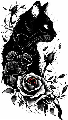 a black and white drawing of a cat with roses